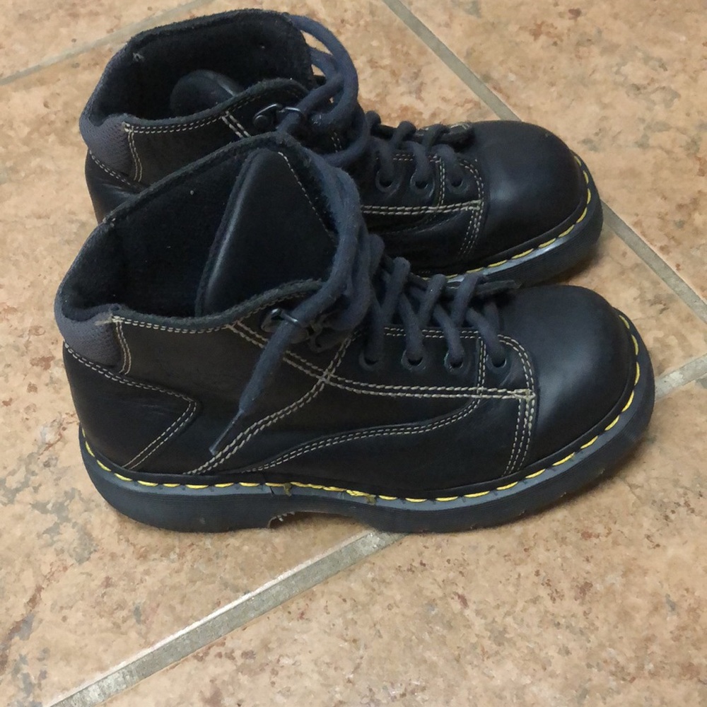 Dr. Martens Black Leather Boots with Yellow Stitching